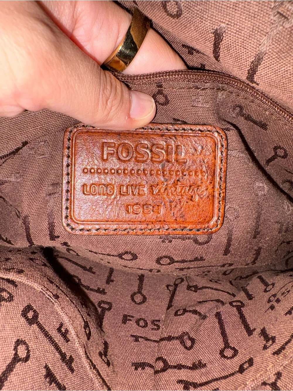 Fossil Brown Leather Shoulder Bag with Multicolor Woven Panels